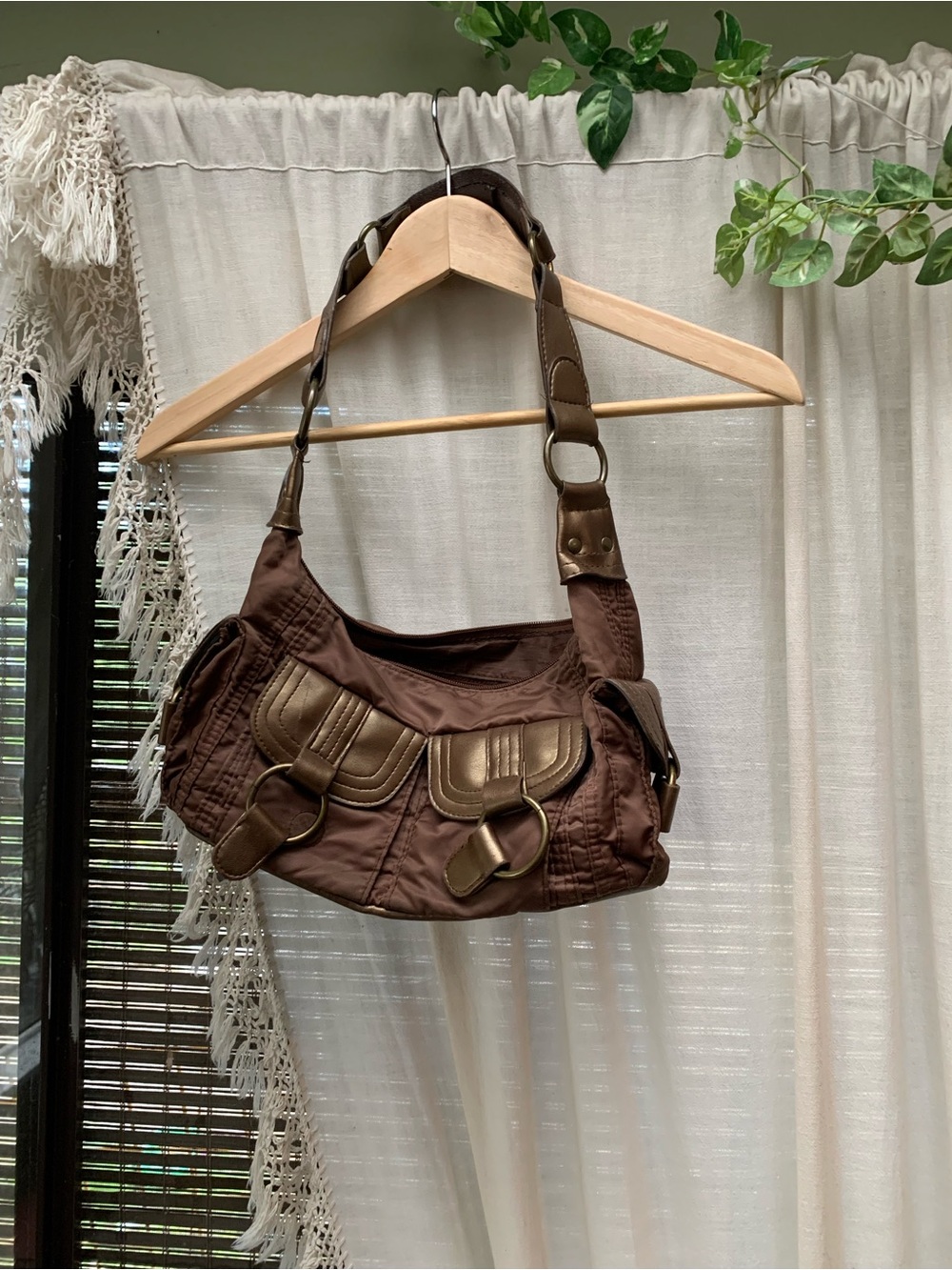 Brown Hobo Shoulder Bag with Buckle Details